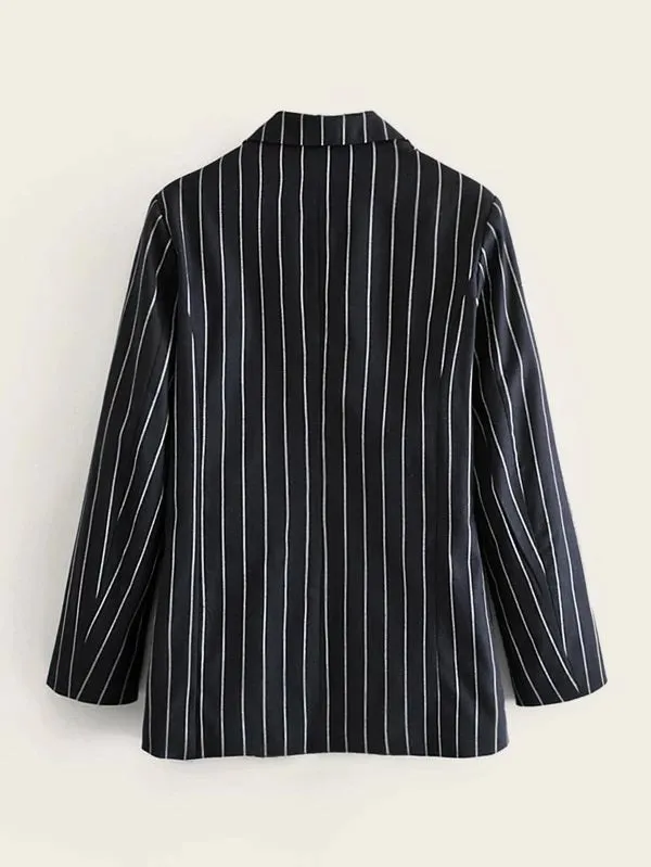 CM-CS130948 Women Elegant Seoul Style Long Sleeve Button Front Double Pocket Striped Blazer - Black