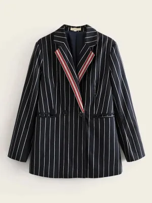 CM-CS130948 Women Elegant Seoul Style Long Sleeve Button Front Double Pocket Striped Blazer - Black