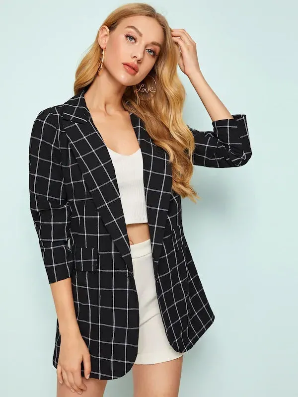 CM-CS625103 Women Elegant Seoul Style Long Sleeve Print Single Button Blazer - Black