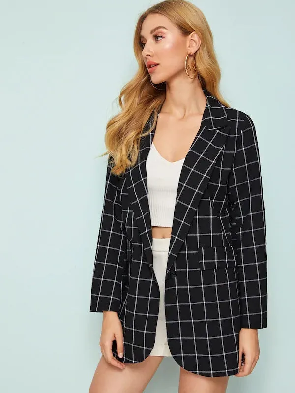 CM-CS625103 Women Elegant Seoul Style Long Sleeve Print Single Button Blazer - Black