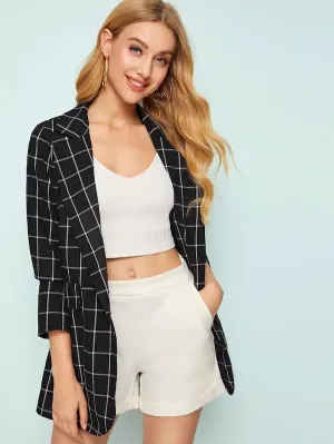 CM-CS625103 Women Elegant Seoul Style Long Sleeve Print Single Button Blazer - Black