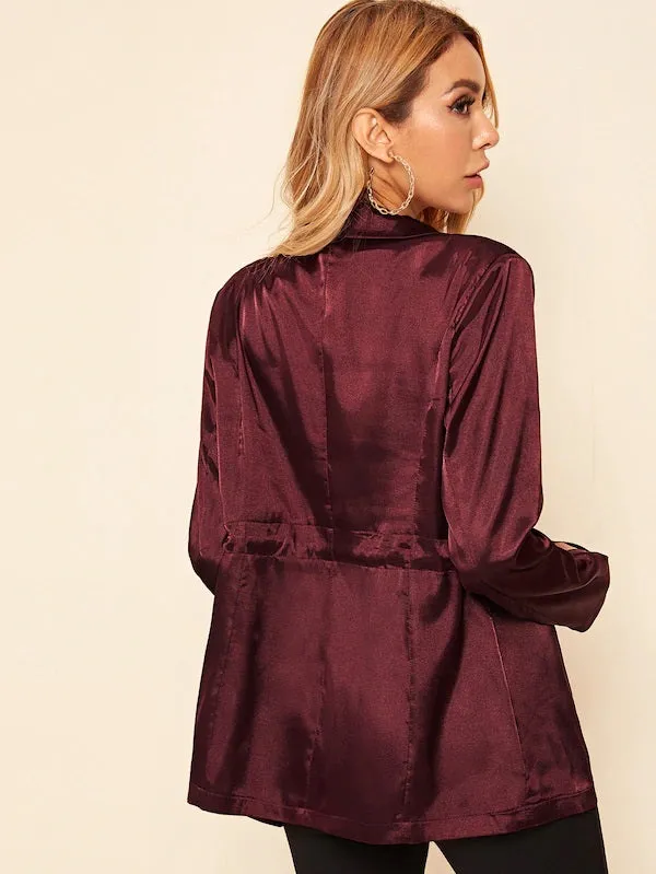 CM-CS814870 Women Casual Seoul Style Long Sleeve Lapel Neck Drawstring Satin Blazer - Wine Red
