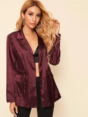 CM-CS814870 Women Casual Seoul Style Long Sleeve Lapel Neck Drawstring Satin Blazer - Wine Red