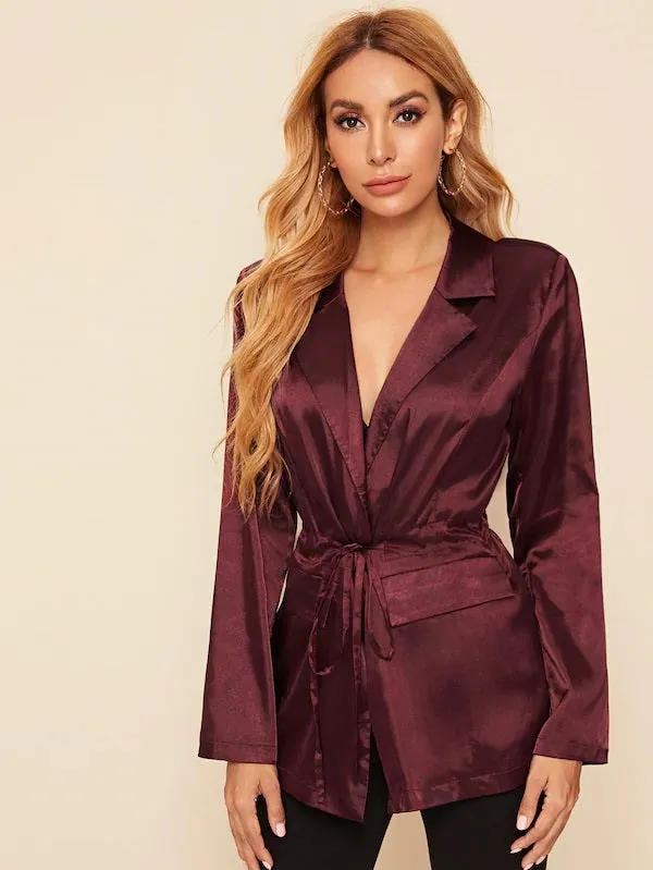 CM-CS814870 Women Casual Seoul Style Long Sleeve Lapel Neck Drawstring Satin Blazer - Wine Red