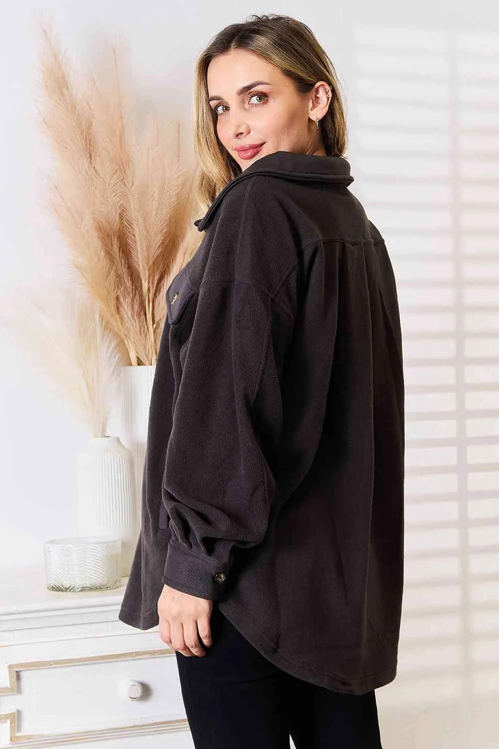 Cozy Girl Full Size Button Down Shacket in Charcoal