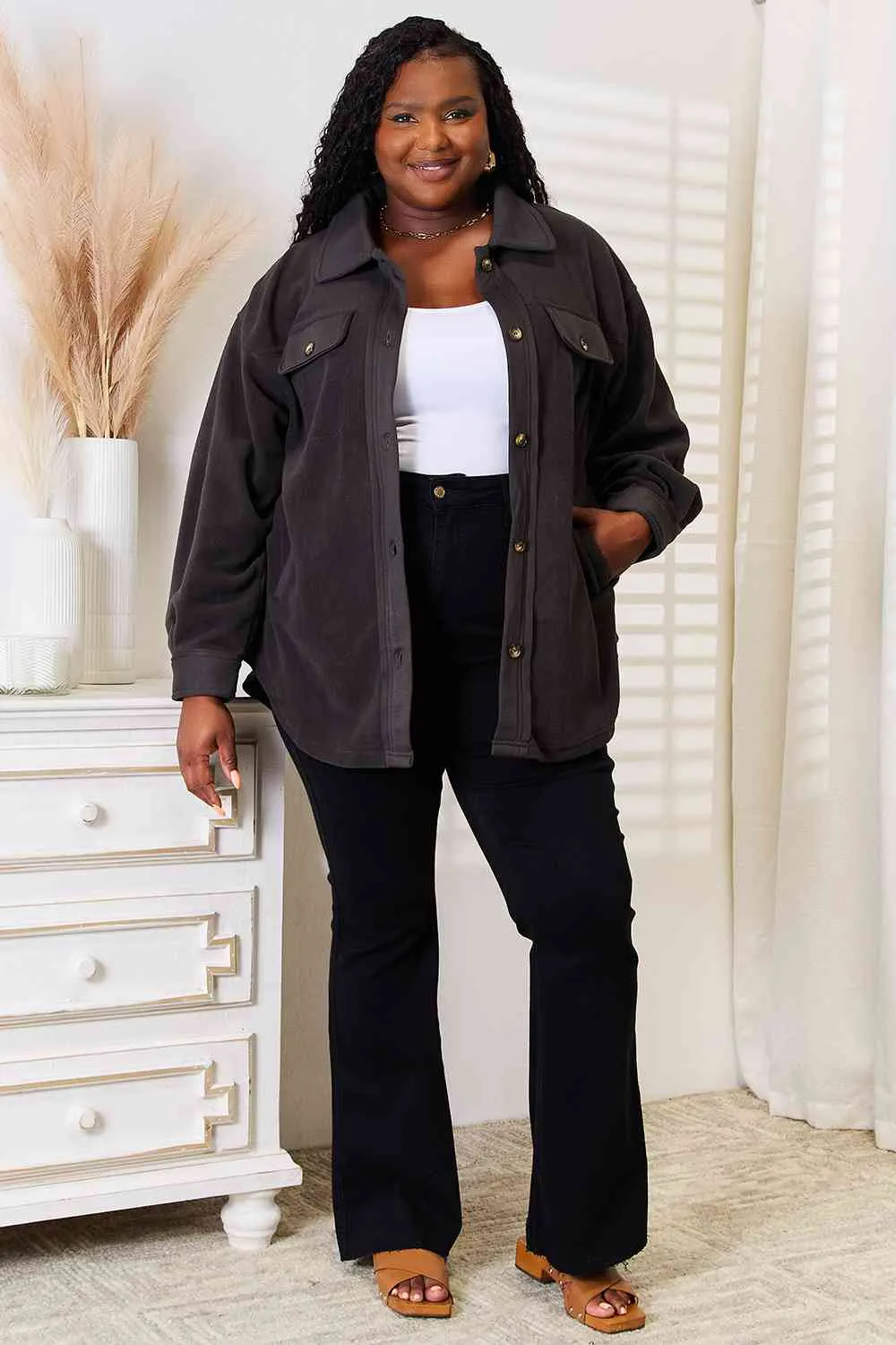 Cozy Girl Full Size Button Down Shacket in Charcoal