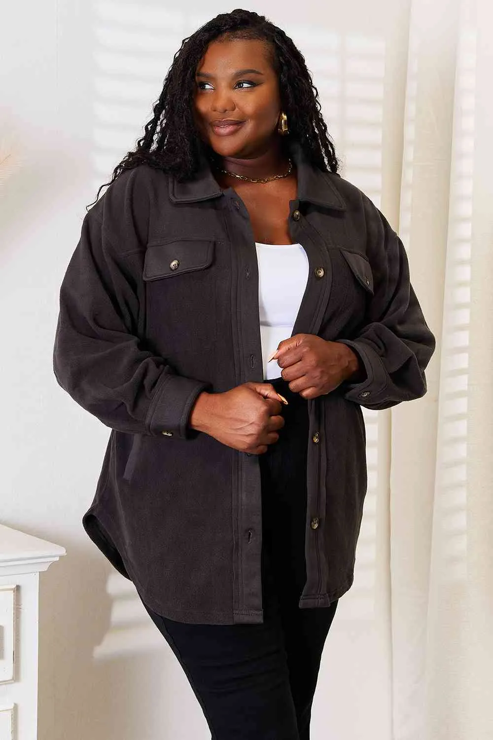 Cozy Girl Full Size Button Down Shacket in Charcoal