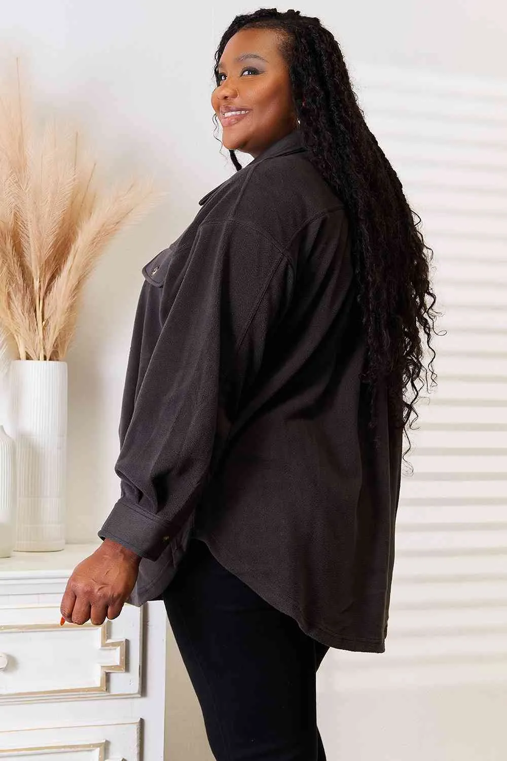 Cozy Girl Full Size Button Down Shacket in Charcoal