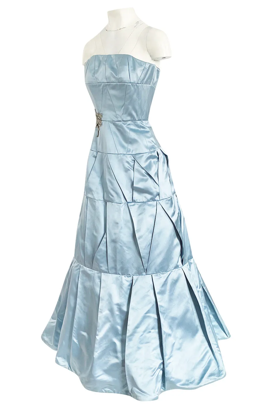 Custom Made 1998 Ice Baby Blue Silk Satin Intricate Panel Strapless Dress W Bead Detail