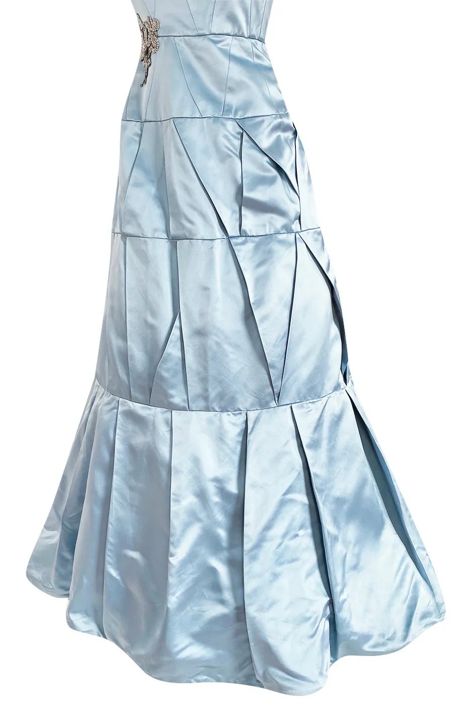 Custom Made 1998 Ice Baby Blue Silk Satin Intricate Panel Strapless Dress W Bead Detail