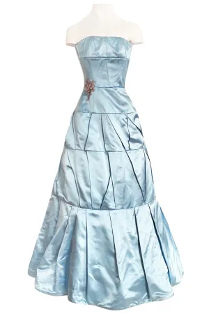 Custom Made 1998 Ice Baby Blue Silk Satin Intricate Panel Strapless Dress W Bead Detail