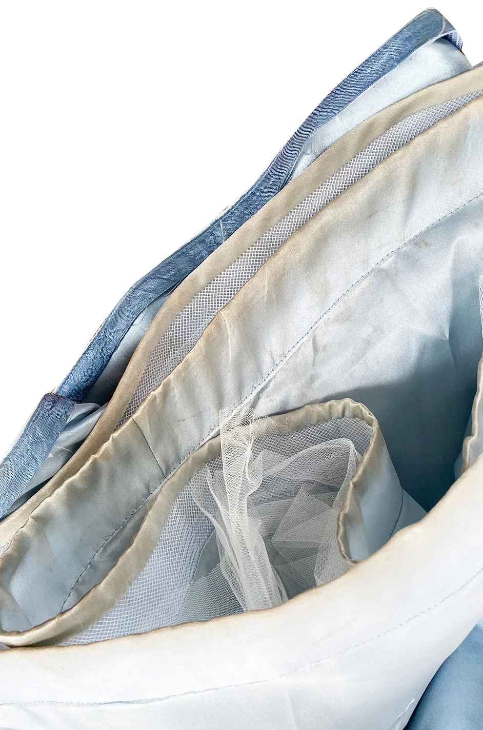 Custom Made 1998 Ice Baby Blue Silk Satin Intricate Panel Strapless Dress W Bead Detail