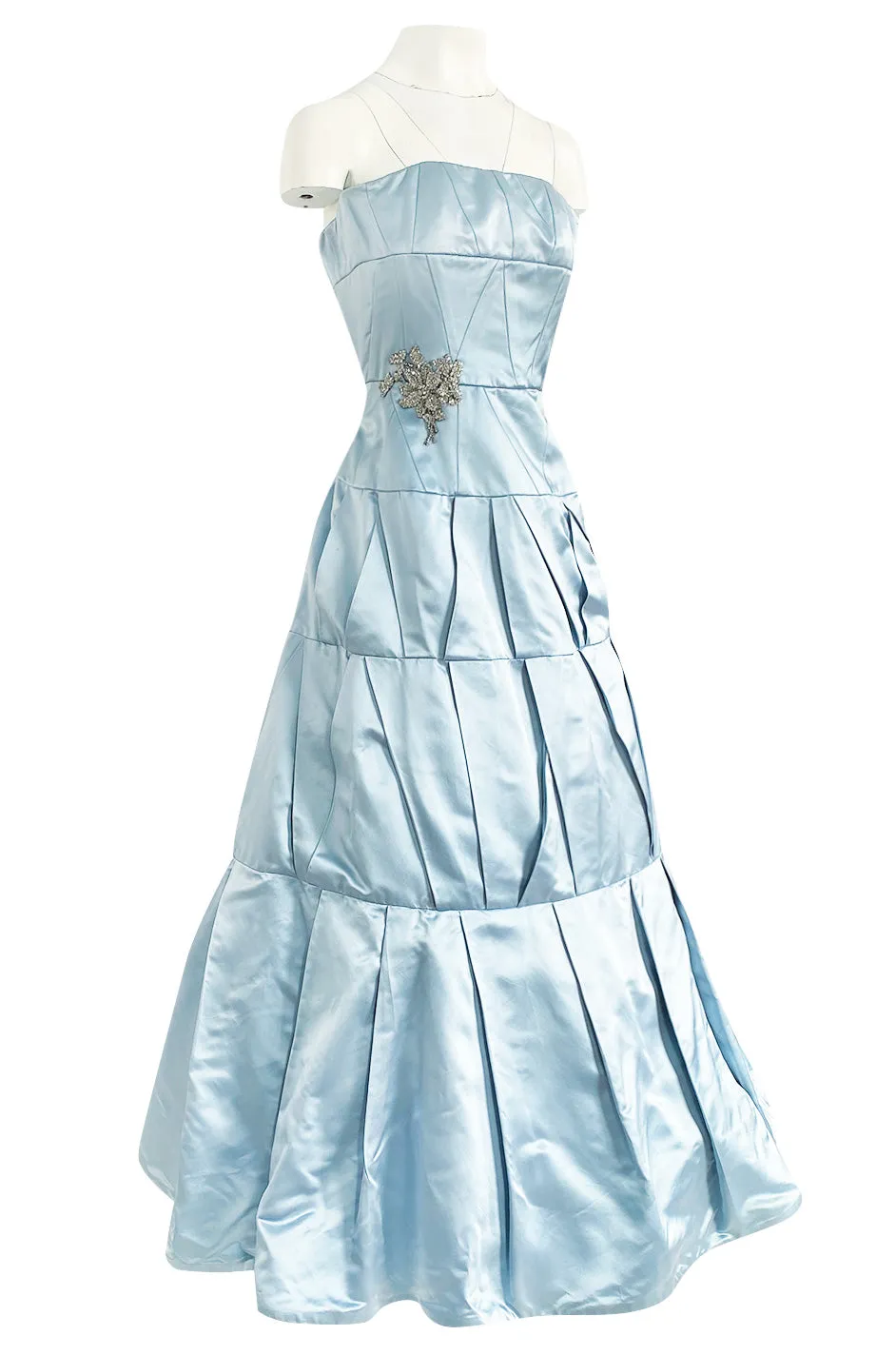 Custom Made 1998 Ice Baby Blue Silk Satin Intricate Panel Strapless Dress W Bead Detail
