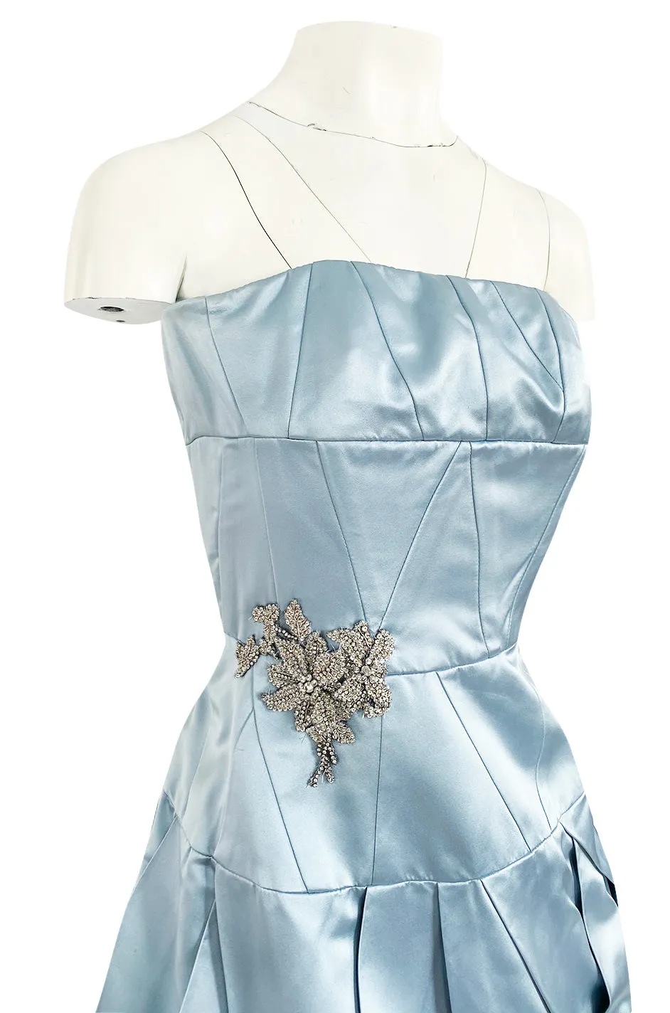 Custom Made 1998 Ice Baby Blue Silk Satin Intricate Panel Strapless Dress W Bead Detail