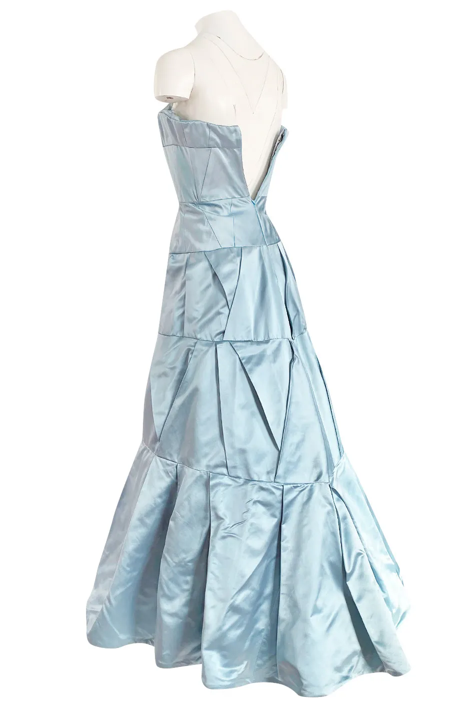 Custom Made 1998 Ice Baby Blue Silk Satin Intricate Panel Strapless Dress W Bead Detail