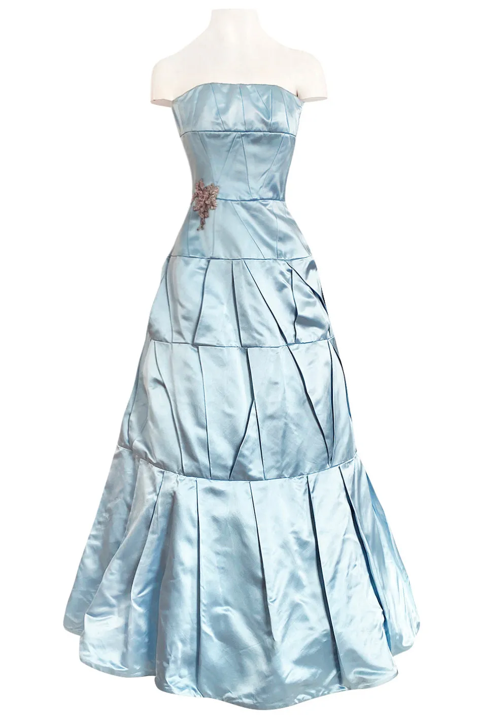 Custom Made 1998 Ice Baby Blue Silk Satin Intricate Panel Strapless Dress W Bead Detail