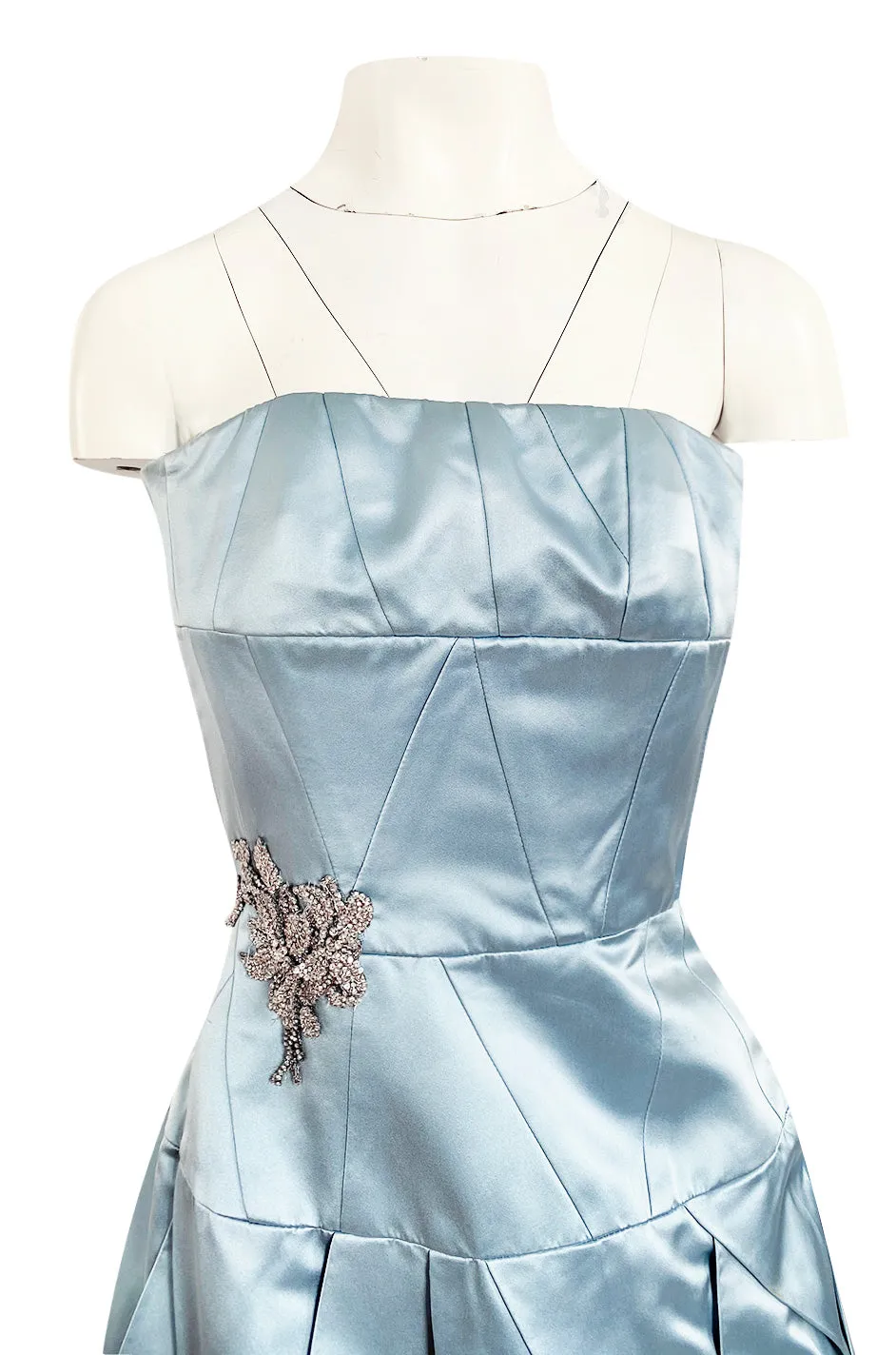 Custom Made 1998 Ice Baby Blue Silk Satin Intricate Panel Strapless Dress W Bead Detail