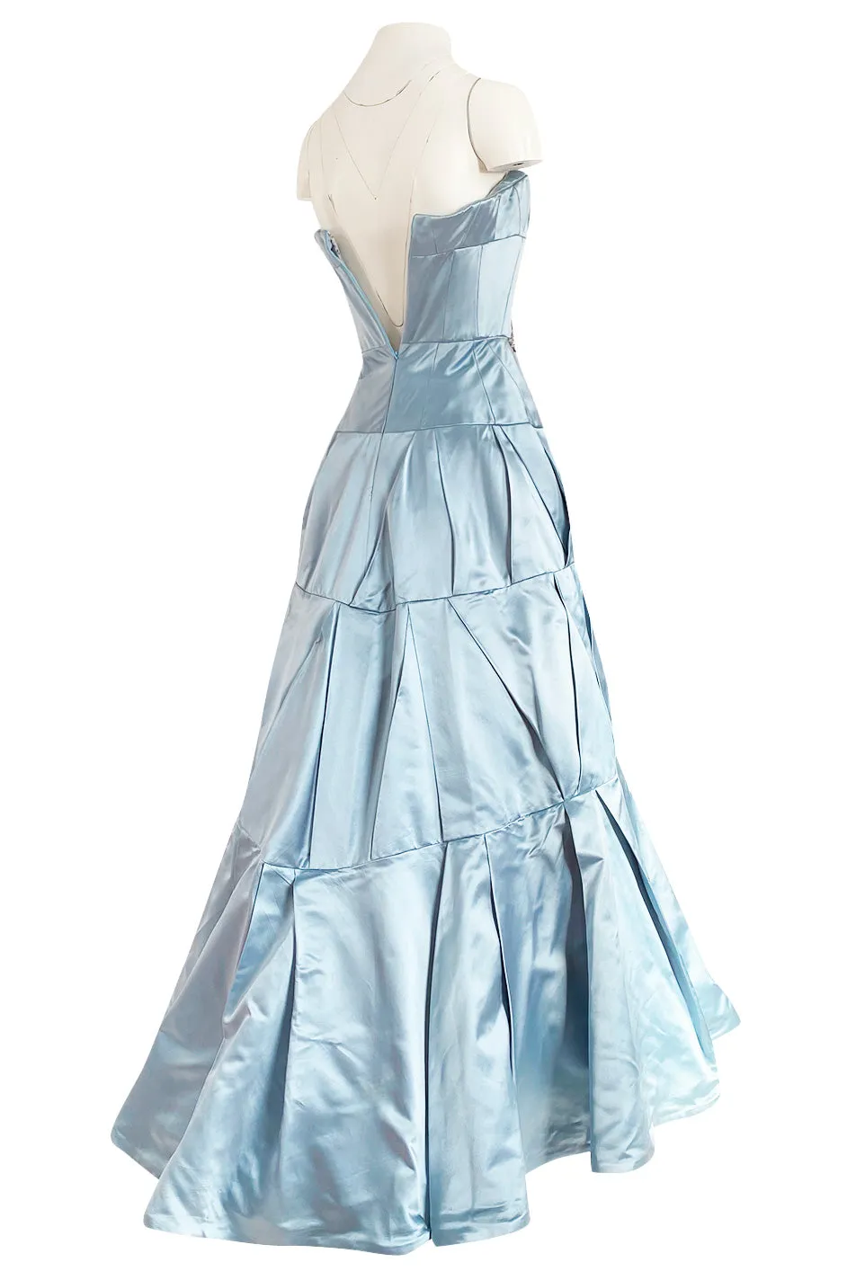 Custom Made 1998 Ice Baby Blue Silk Satin Intricate Panel Strapless Dress W Bead Detail