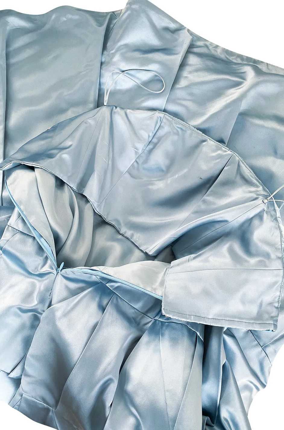 Custom Made 1998 Ice Baby Blue Silk Satin Intricate Panel Strapless Dress W Bead Detail