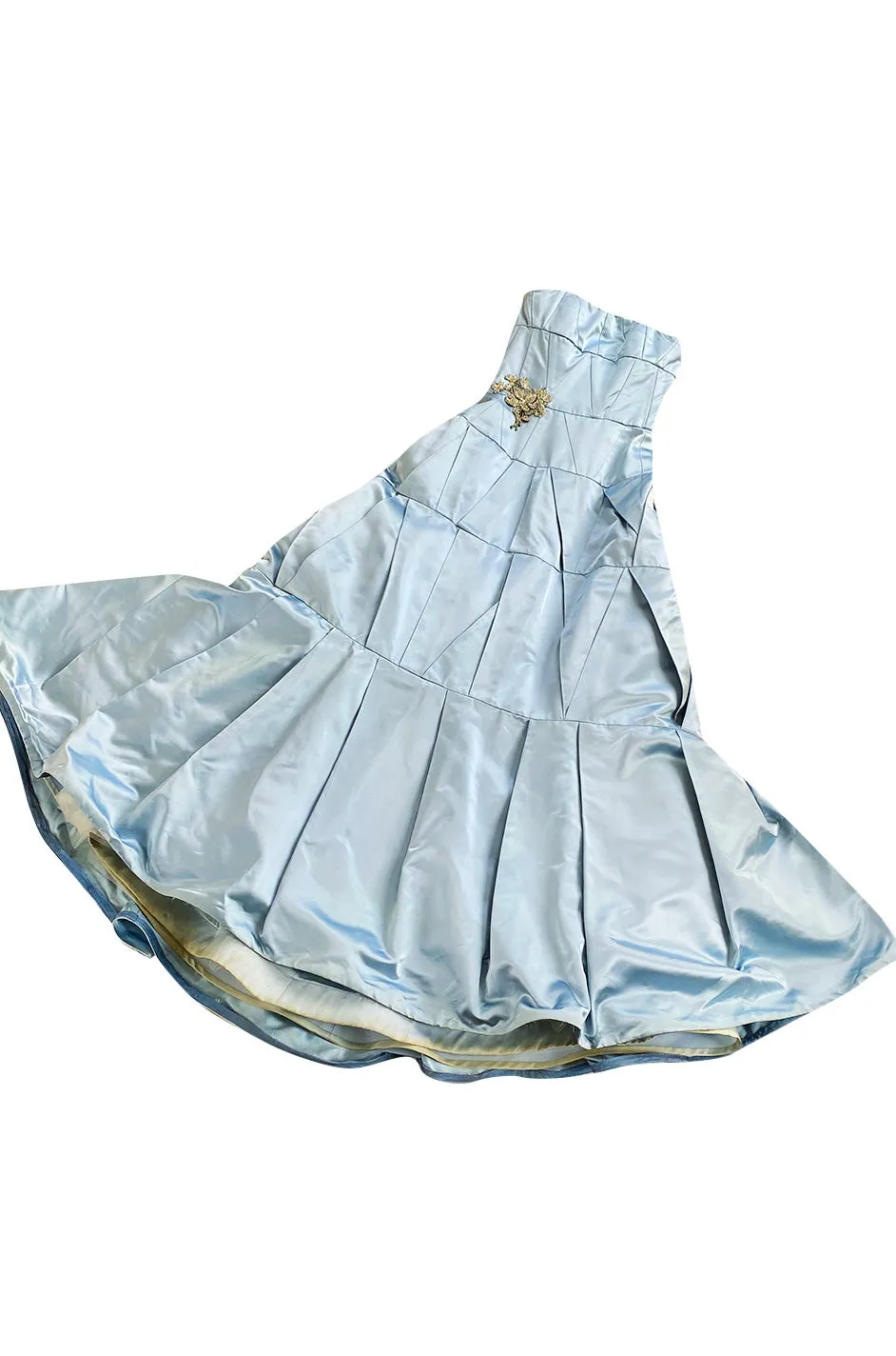 Custom Made 1998 Ice Baby Blue Silk Satin Intricate Panel Strapless Dress W Bead Detail