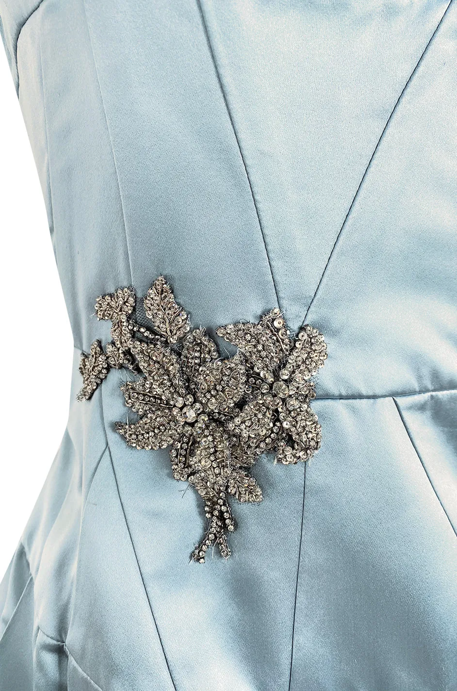 Custom Made 1998 Ice Baby Blue Silk Satin Intricate Panel Strapless Dress W Bead Detail