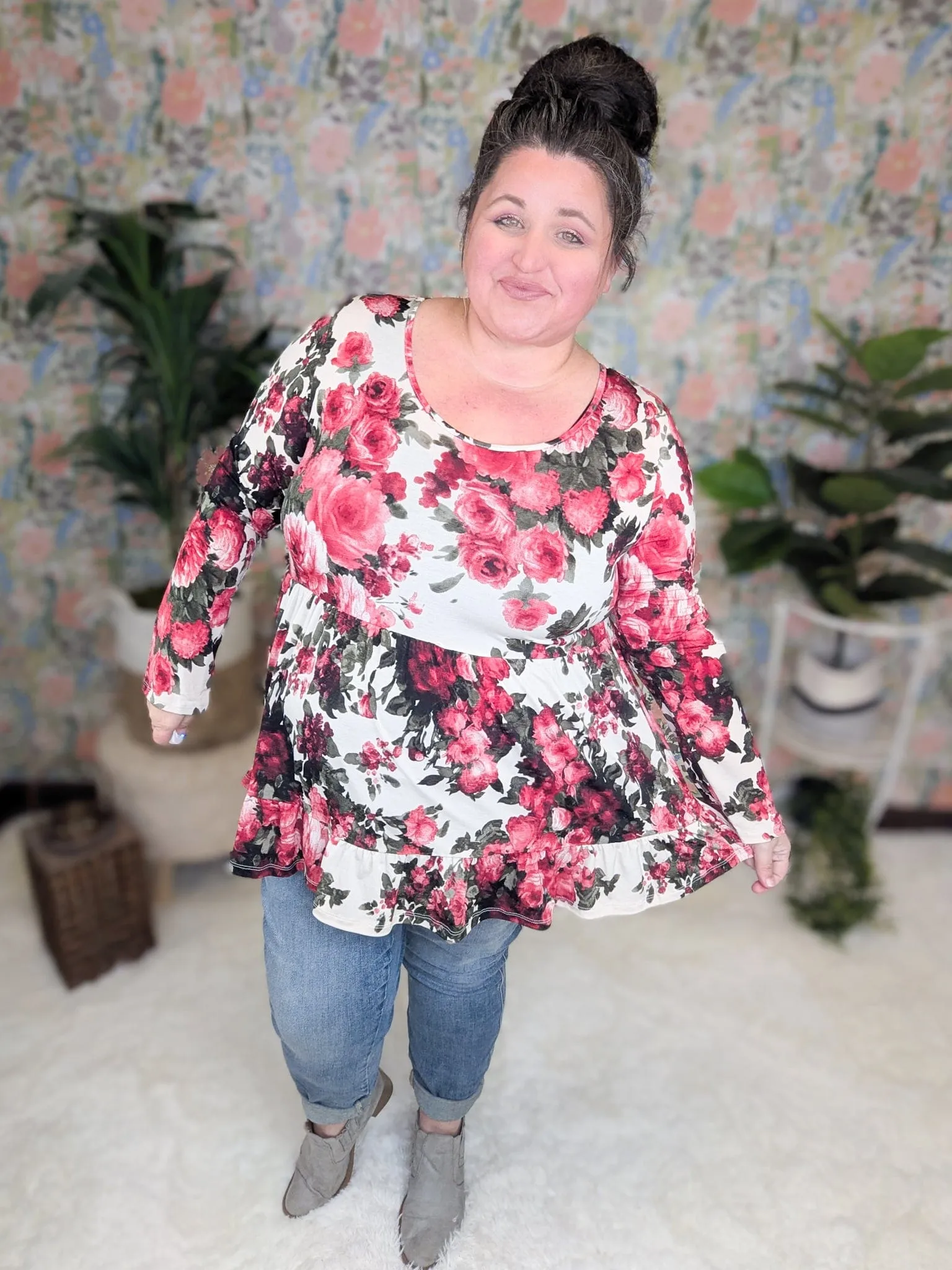 Denise Scoopneck Tiered Top in Dark Roses (2 colors)