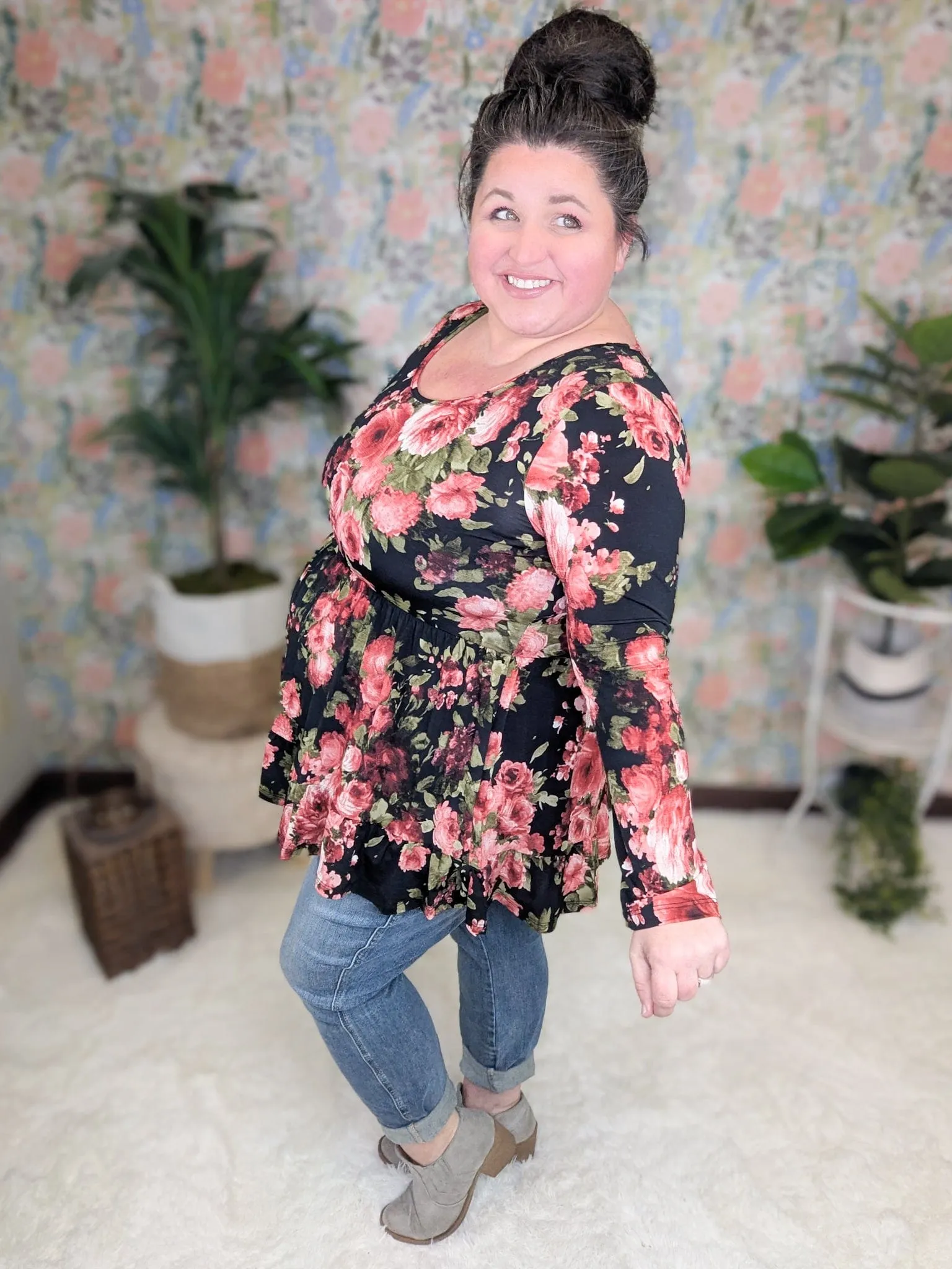 Denise Scoopneck Tiered Top in Dark Roses (2 colors)