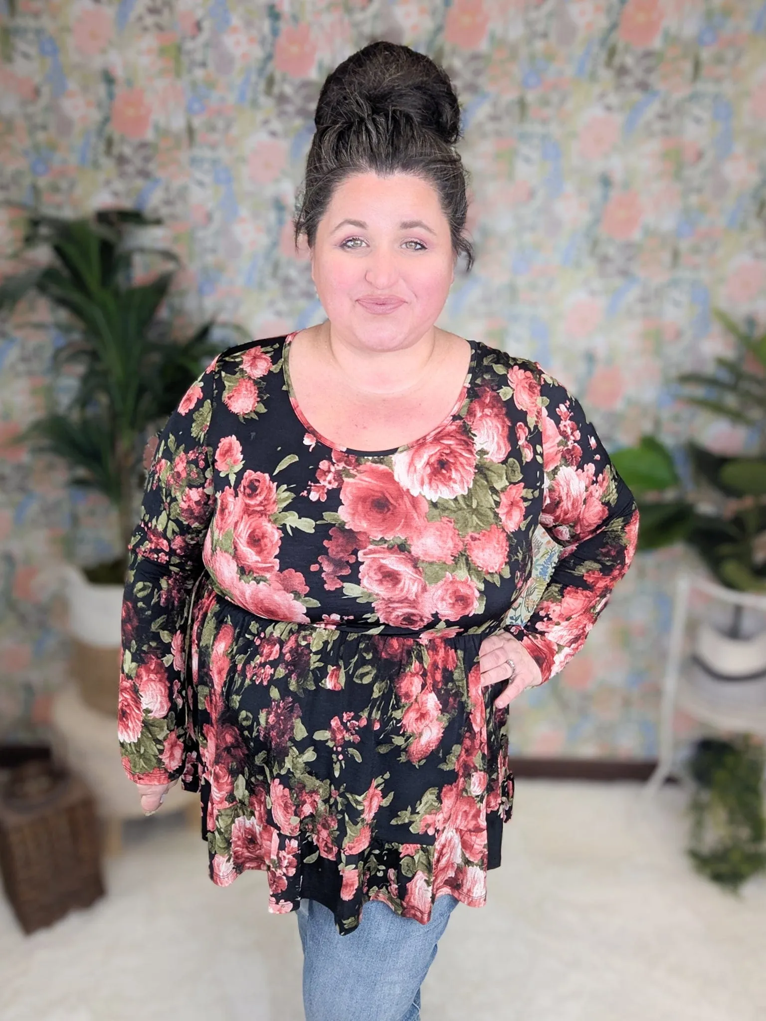 Denise Scoopneck Tiered Top in Dark Roses (2 colors)
