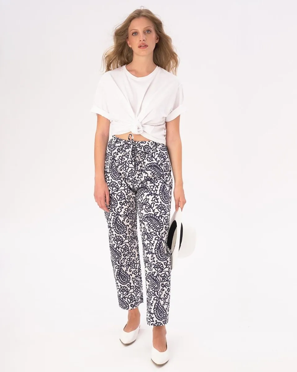 Elastic Drawstring Cotton Paisley Floral Watercolor Pants