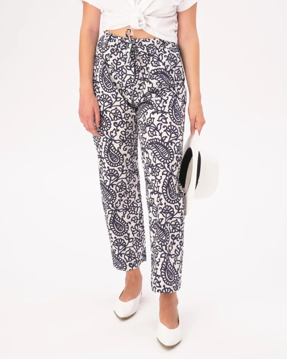 Elastic Drawstring Cotton Paisley Floral Watercolor Pants