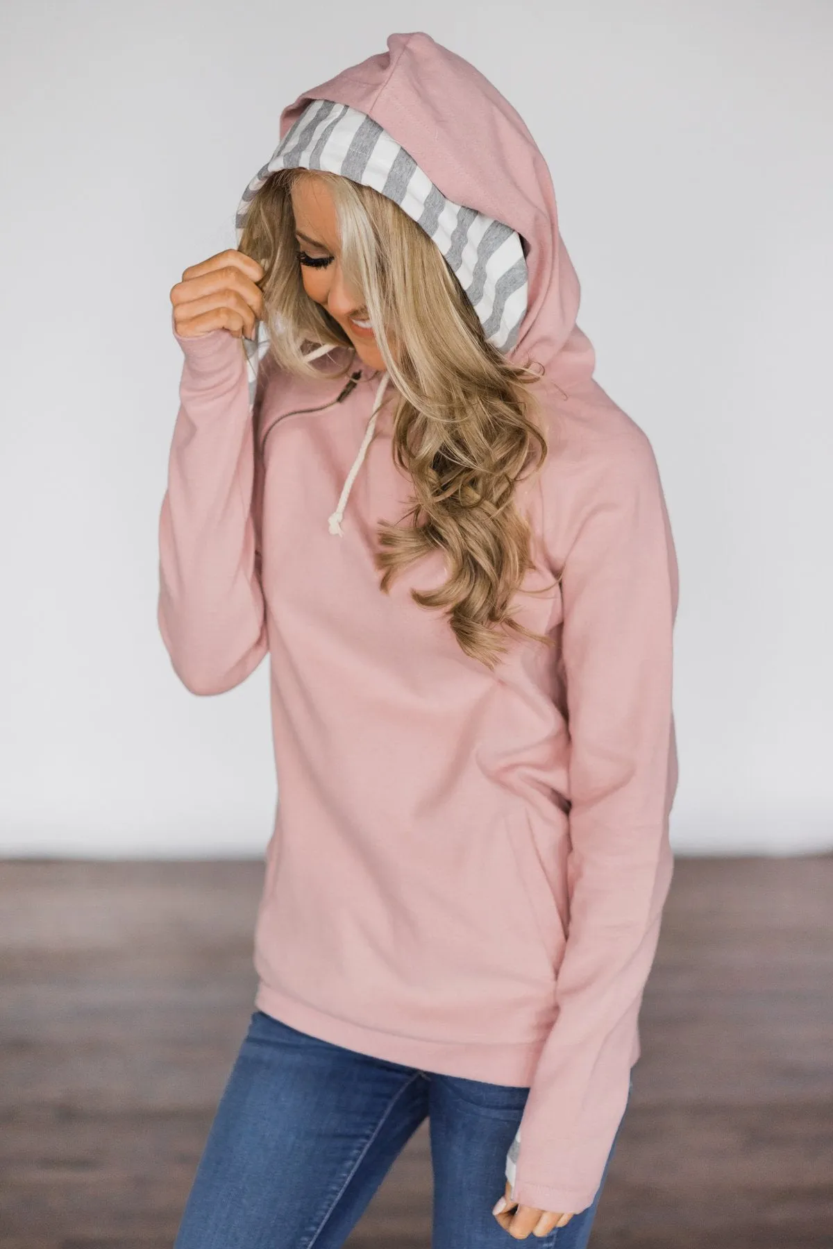 Exclusive Blush & Grey Striped Ampersand Double Hood