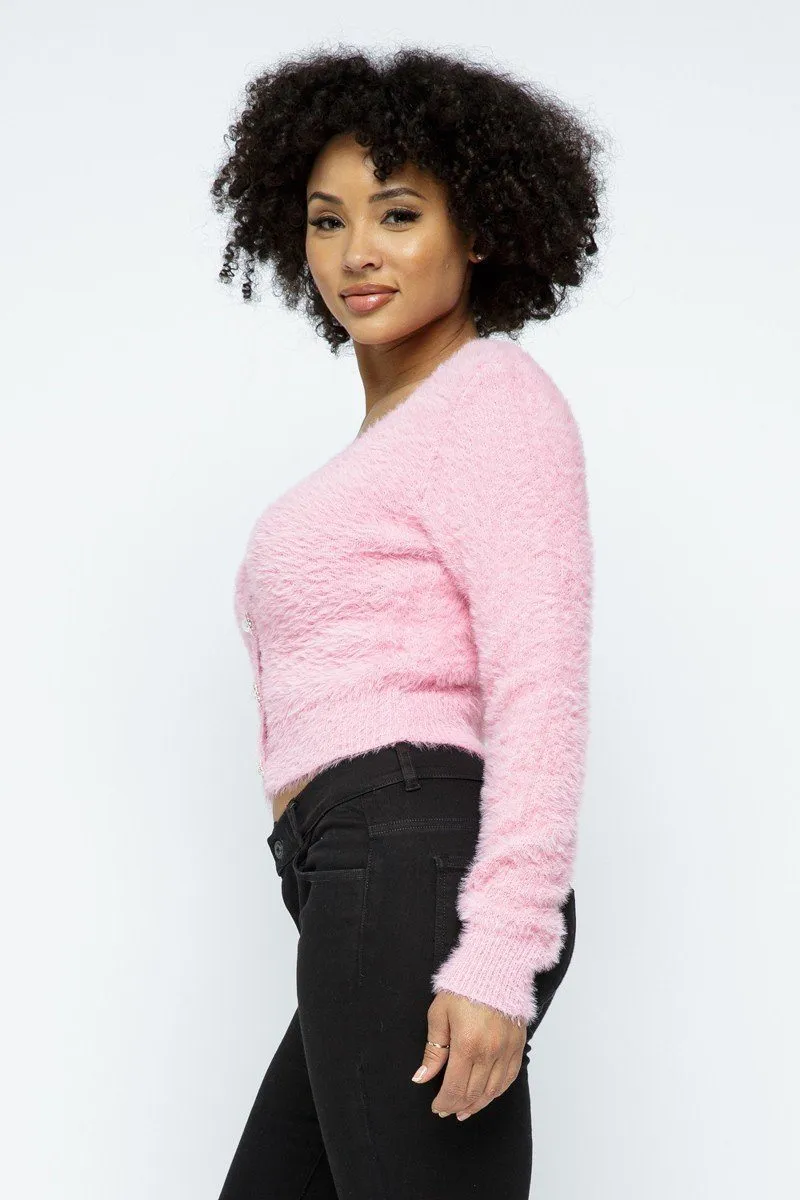 Eyelash Knit Cropped Cardigan With Pearl Button Details