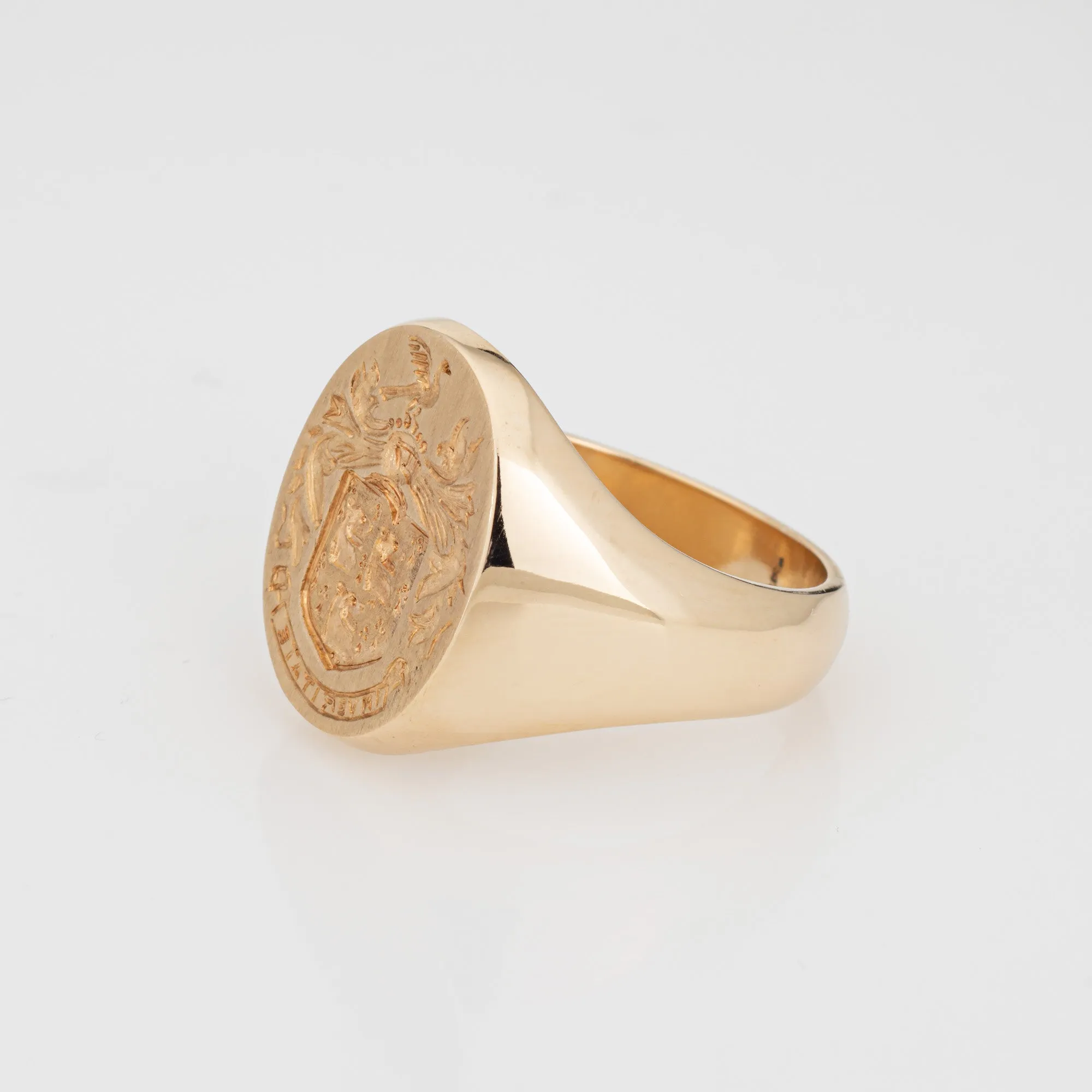Family Crest Signet Ring Vintage Mid Century Heavy 14k Yellow Gold Sz 10