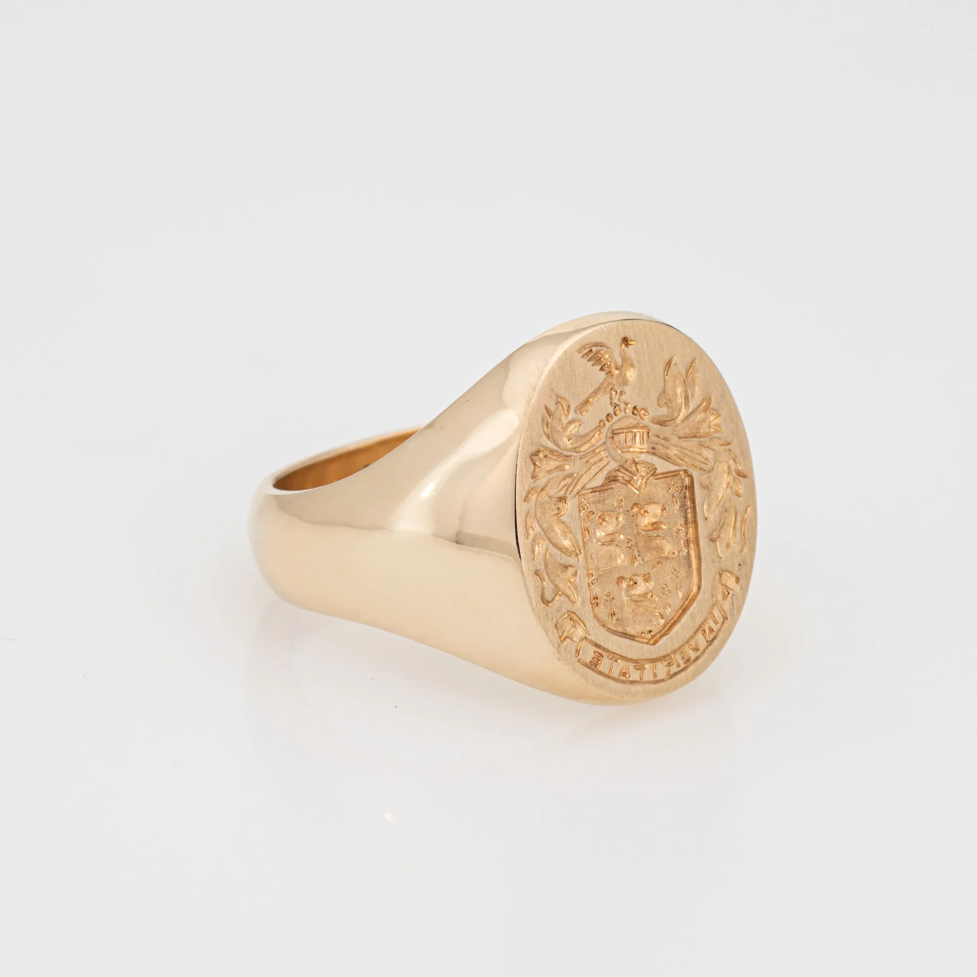 Family Crest Signet Ring Vintage Mid Century Heavy 14k Yellow Gold Sz 10