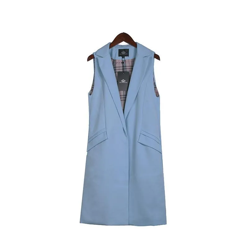Fashion Long Pockets Turn-down Collar Open Stitch Sleeveless Pantone Blue Pink Beige Black Blazer Vest Jackets JAC255