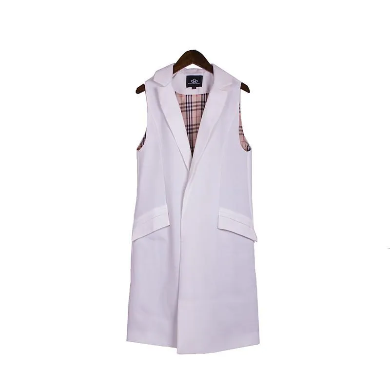 Fashion Long Pockets Turn-down Collar Open Stitch Sleeveless Pantone Blue Pink Beige Black Blazer Vest Jackets JAC255