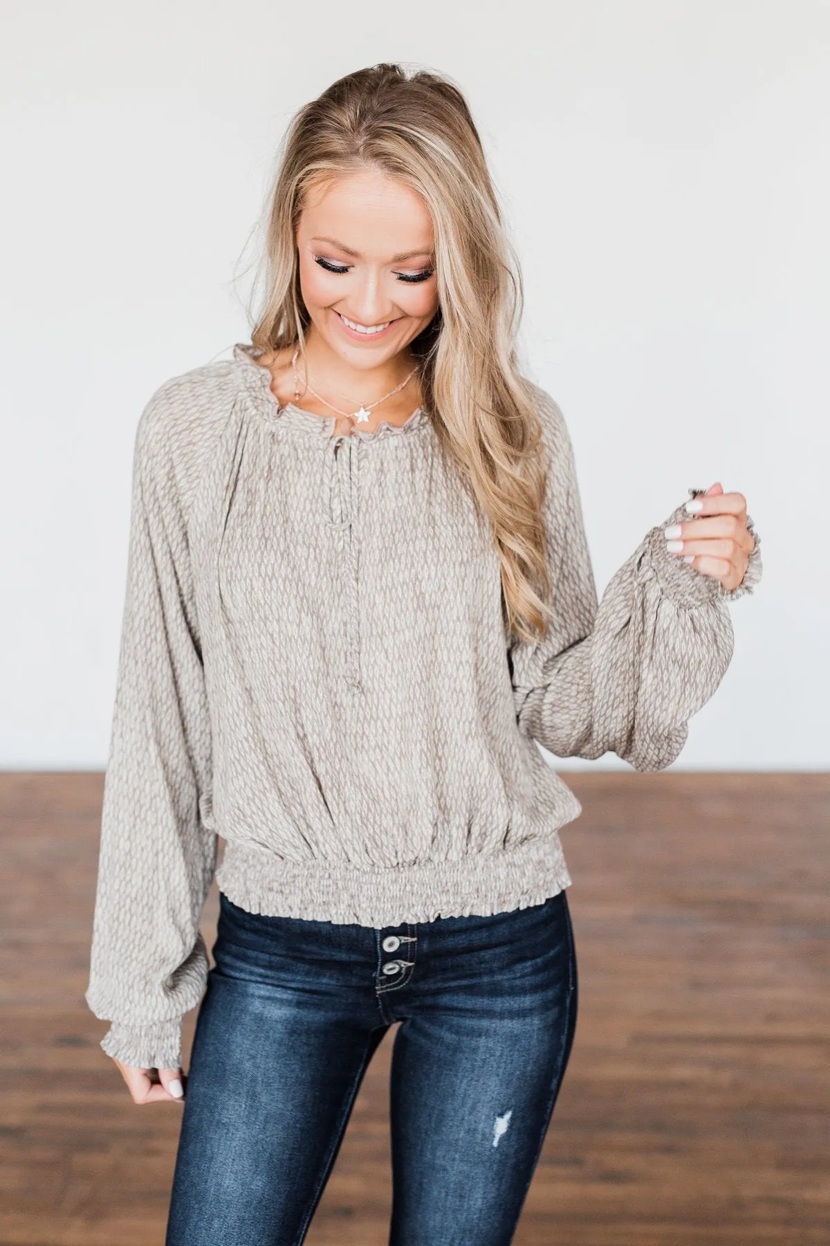 Feel The Love Long Sleeve Printed Top- Taupe & Ivory