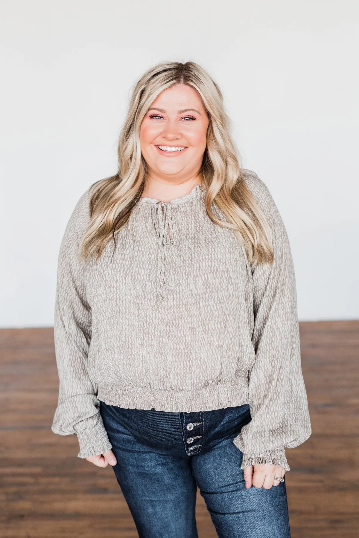 Feel The Love Long Sleeve Printed Top- Taupe & Ivory