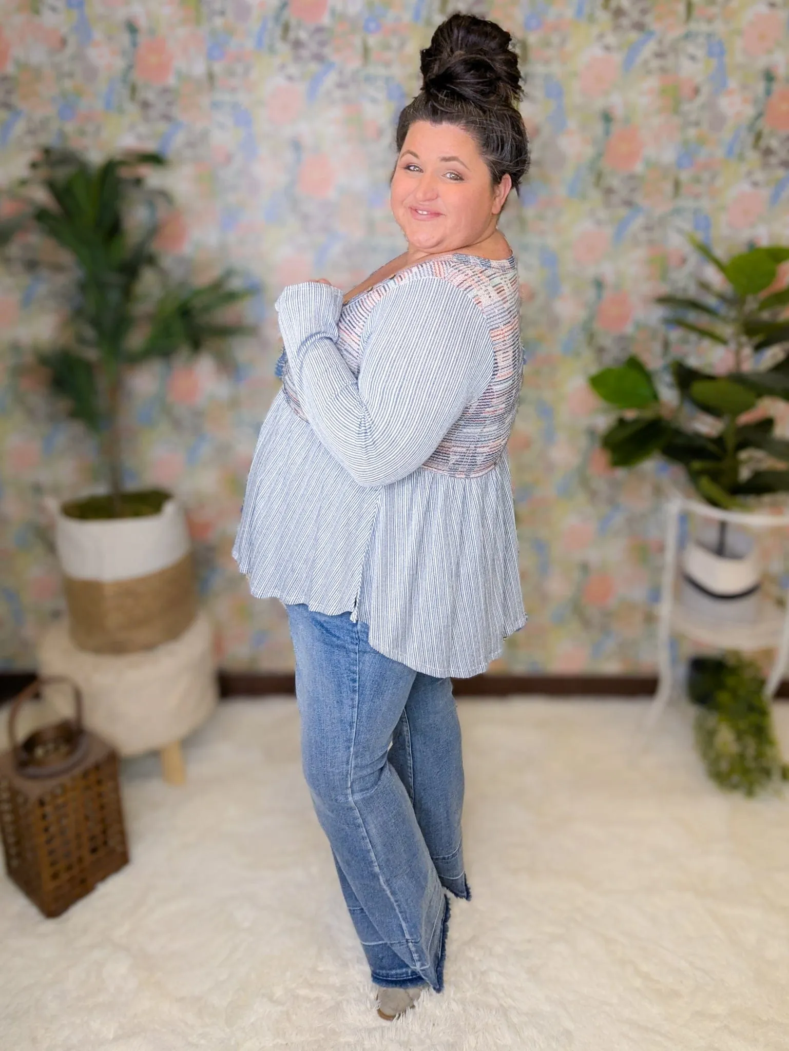 Gabriella Denim Blue Striped Babydoll w/Rainbow Accent