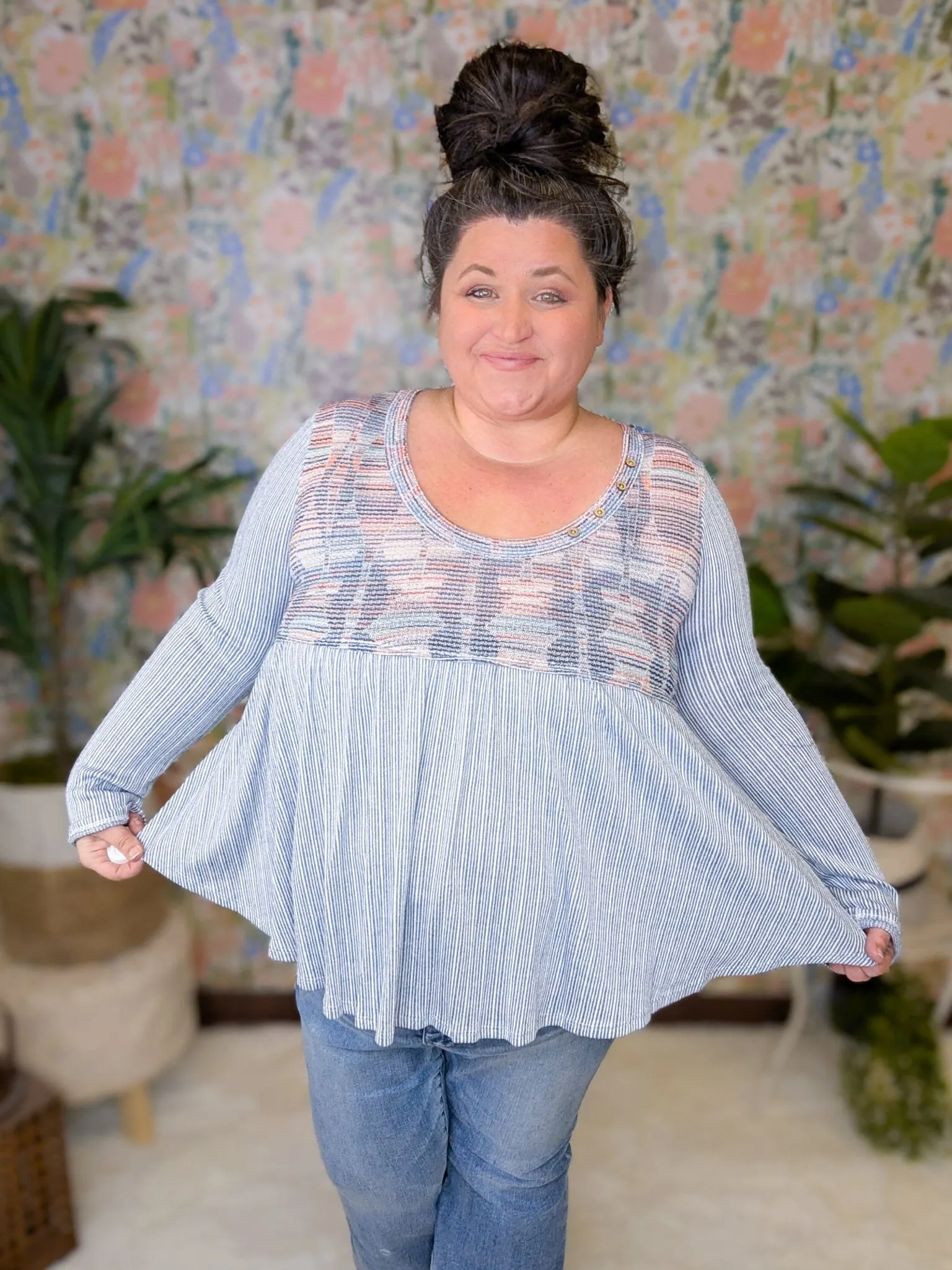 Gabriella Denim Blue Striped Babydoll w/Rainbow Accent