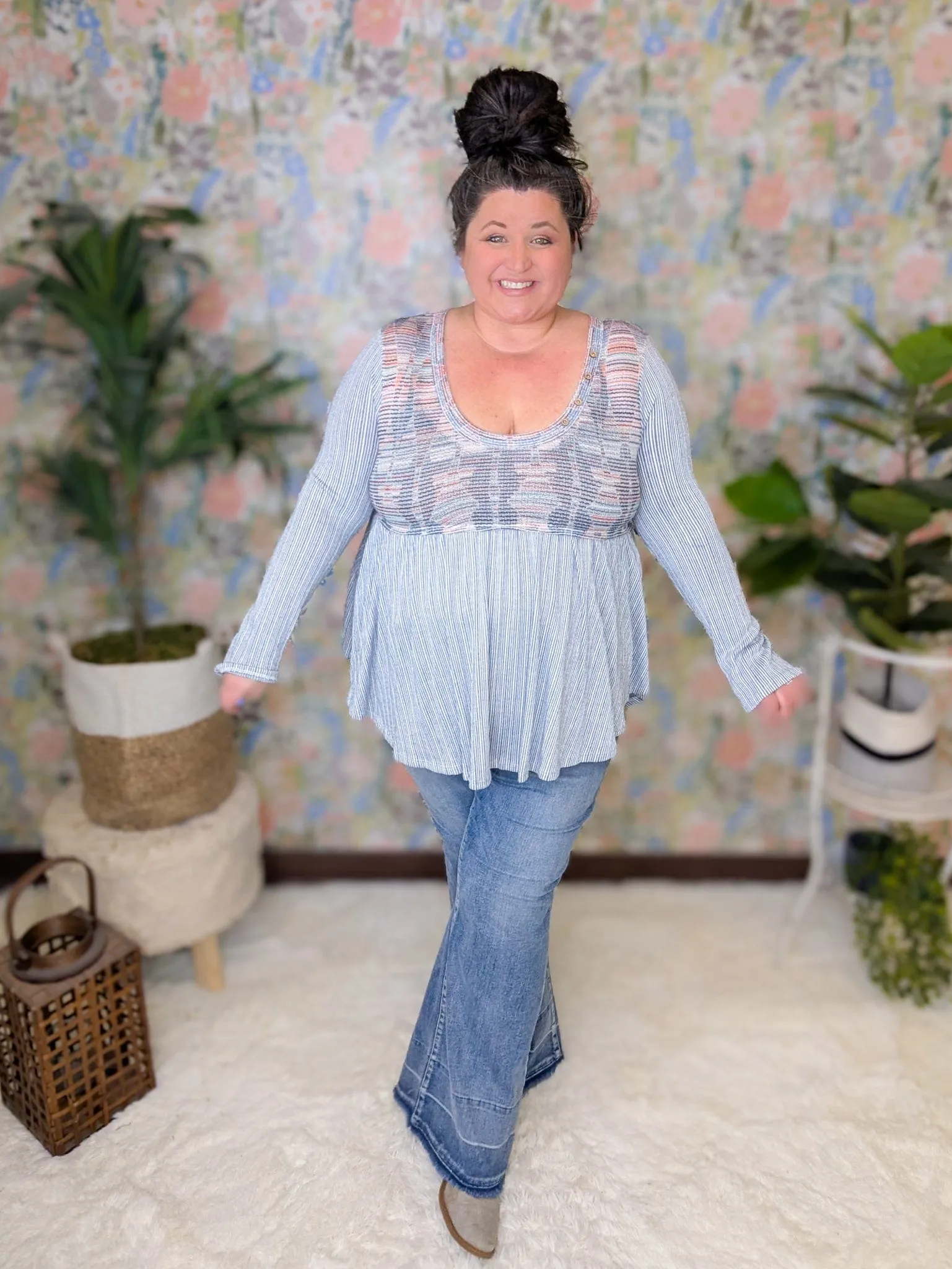 Gabriella Denim Blue Striped Babydoll w/Rainbow Accent
