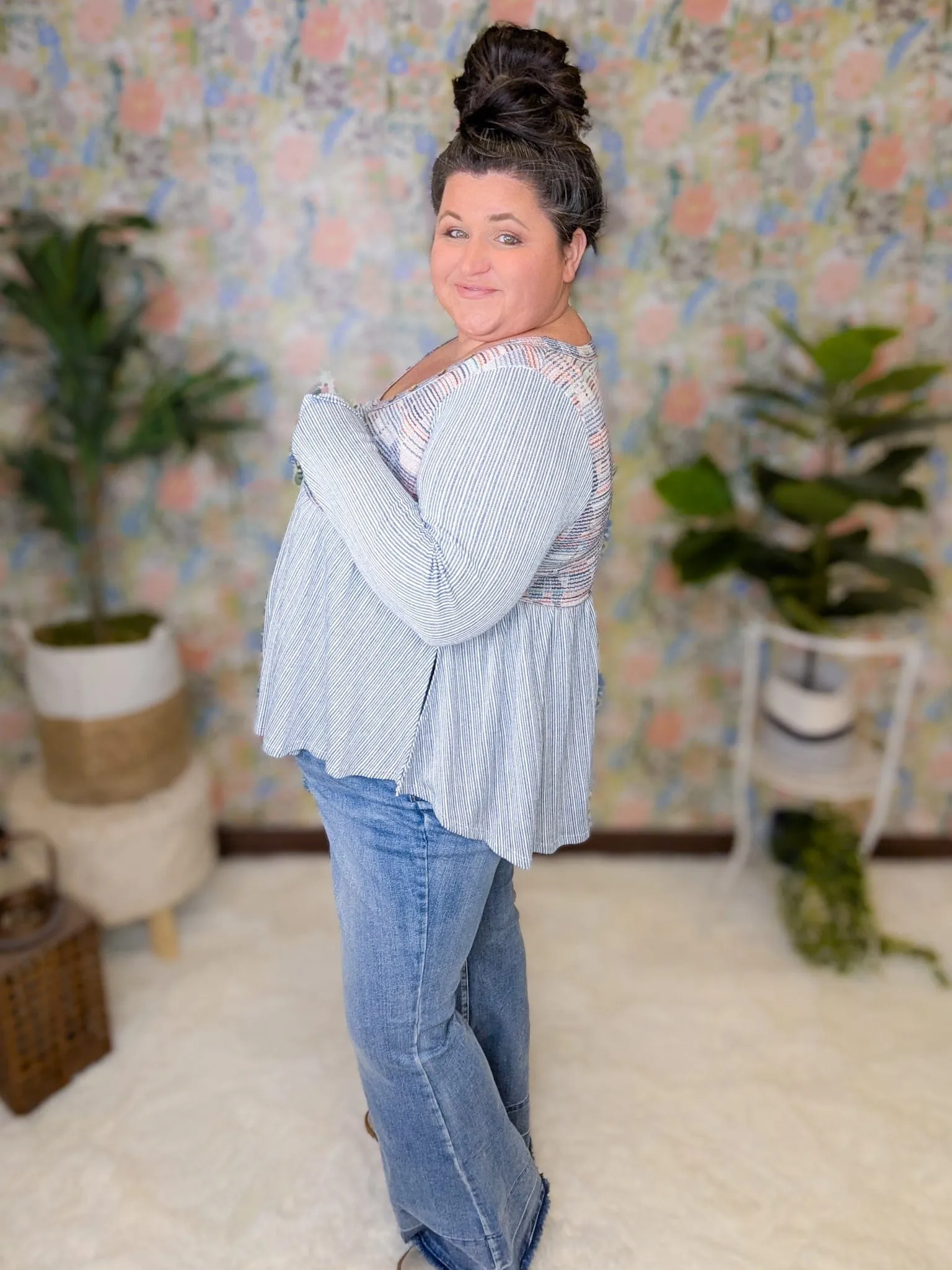 Gabriella Denim Blue Striped Babydoll w/Rainbow Accent