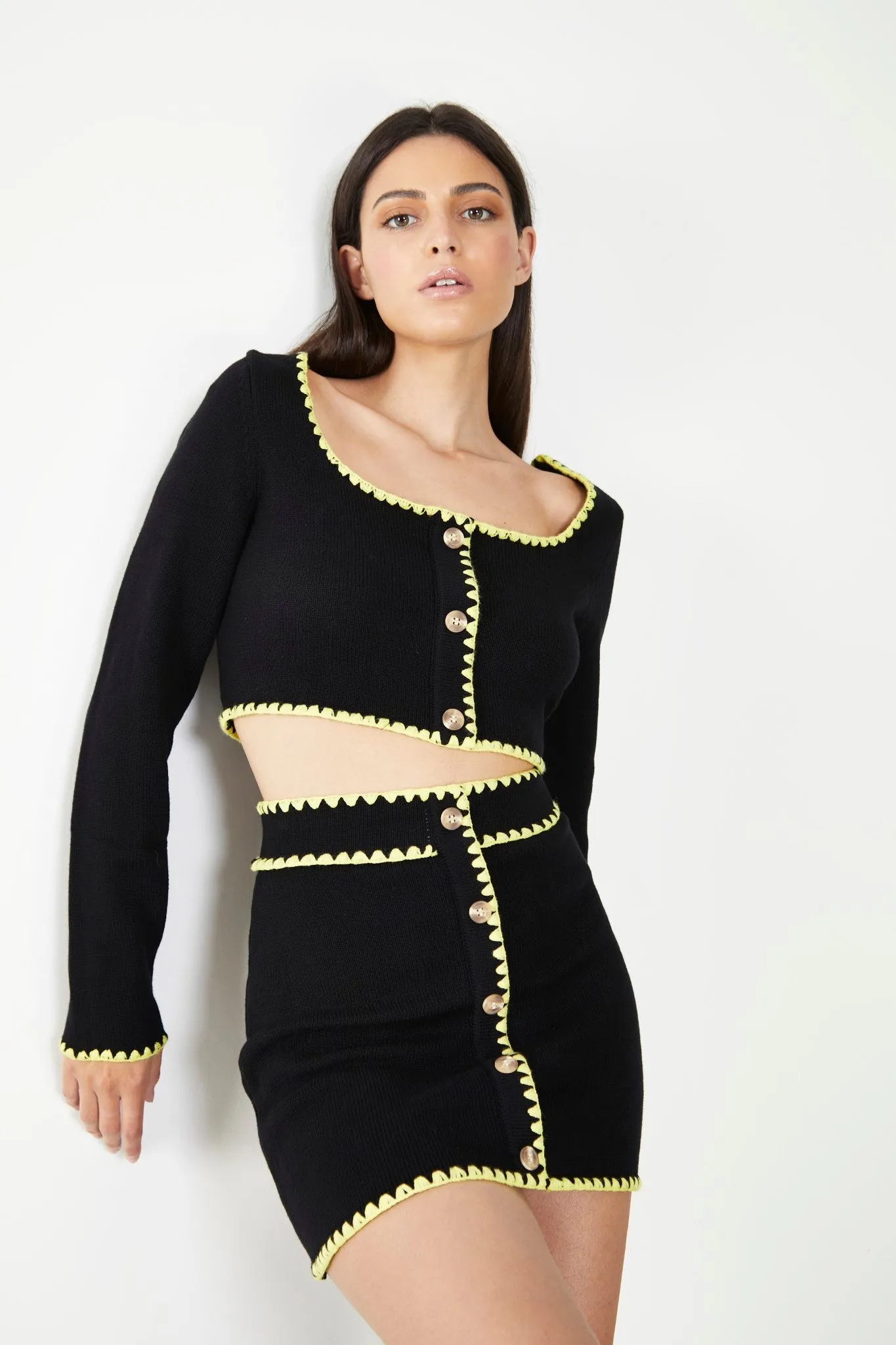 Glamorous Care Black Button Up Mini Skirt with Yellow Scalloped Trim