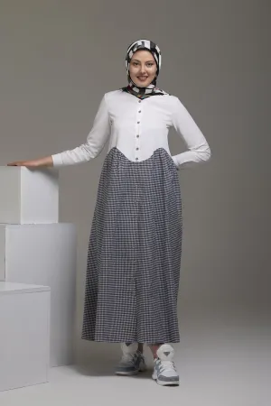 Gray Striped Garnished Modest Dress | White & Black
