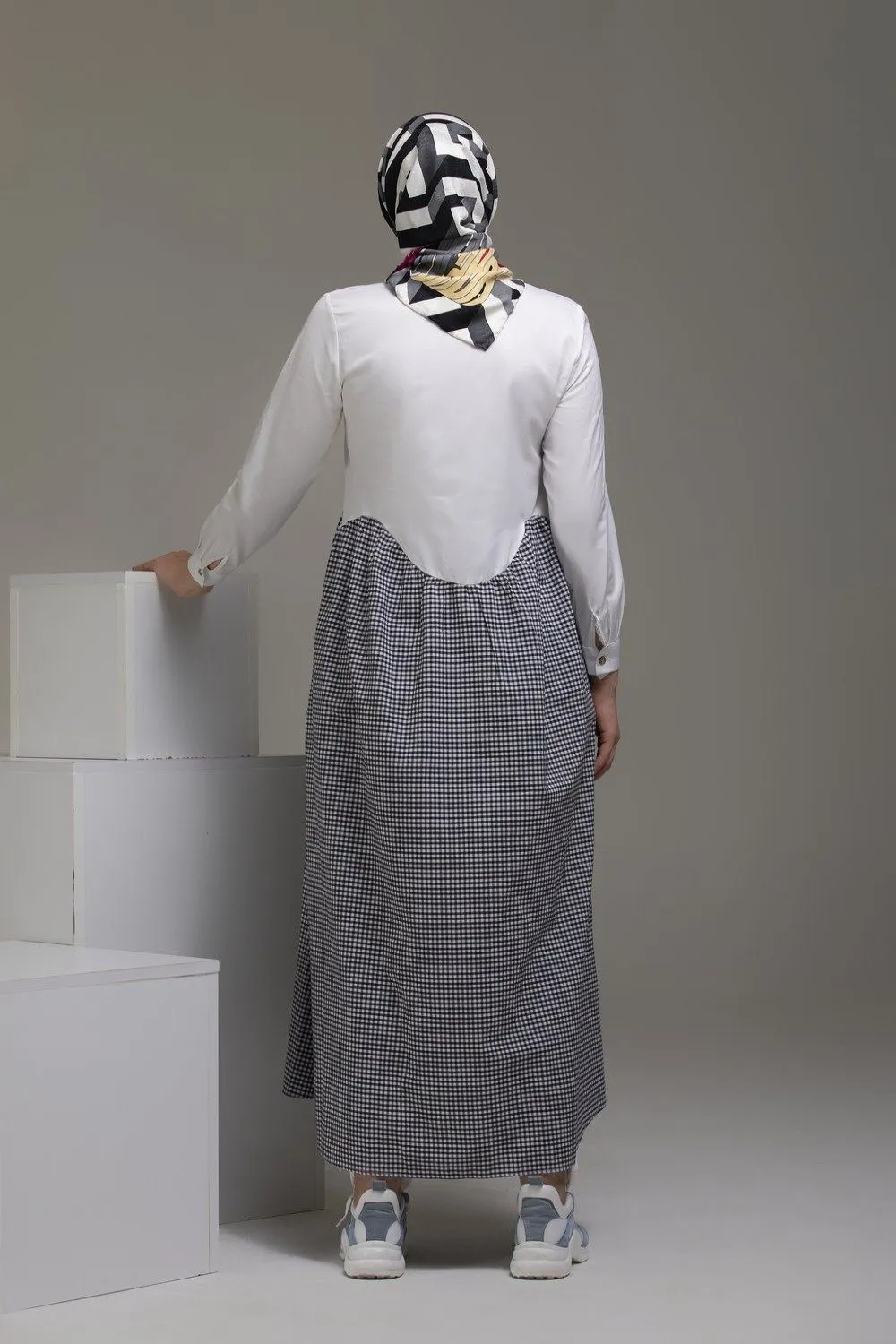 Gray Striped Garnished Modest Dress | White & Black