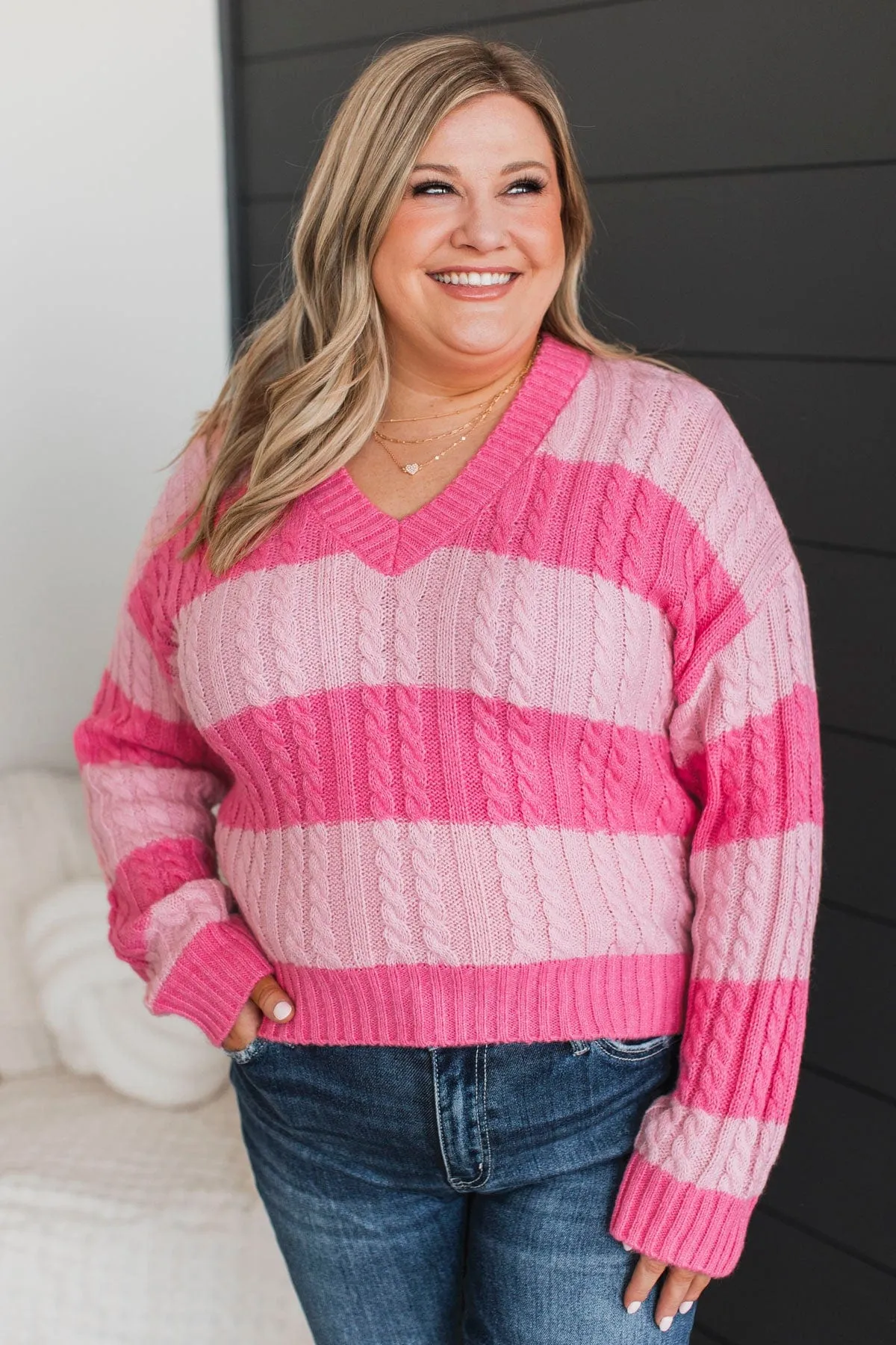 Greatly Desired Striped Knit Sweater- Pink