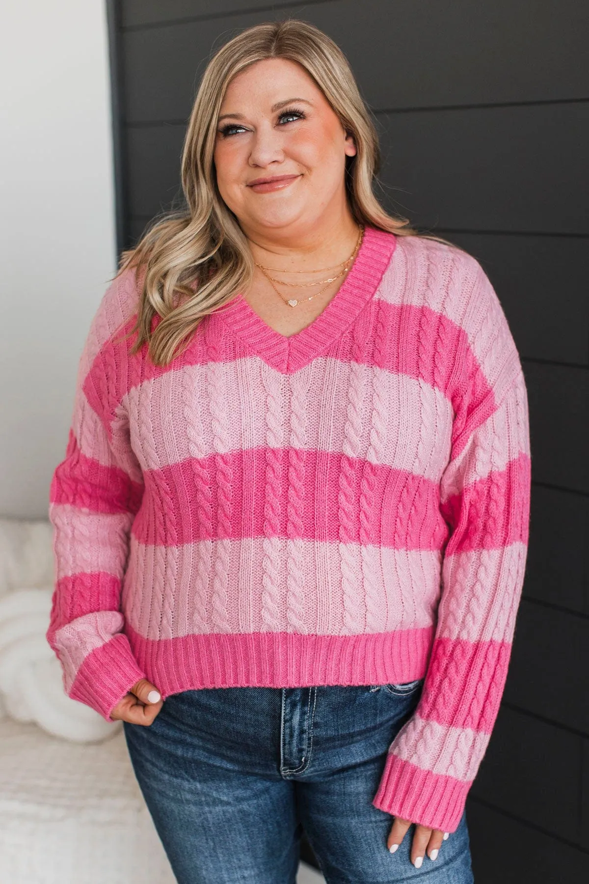 Greatly Desired Striped Knit Sweater- Pink