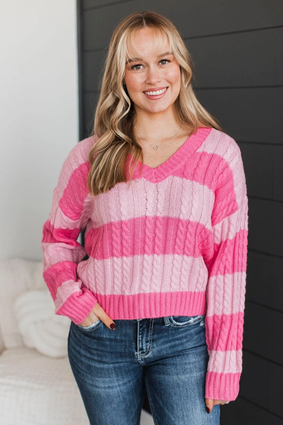 Greatly Desired Striped Knit Sweater- Pink