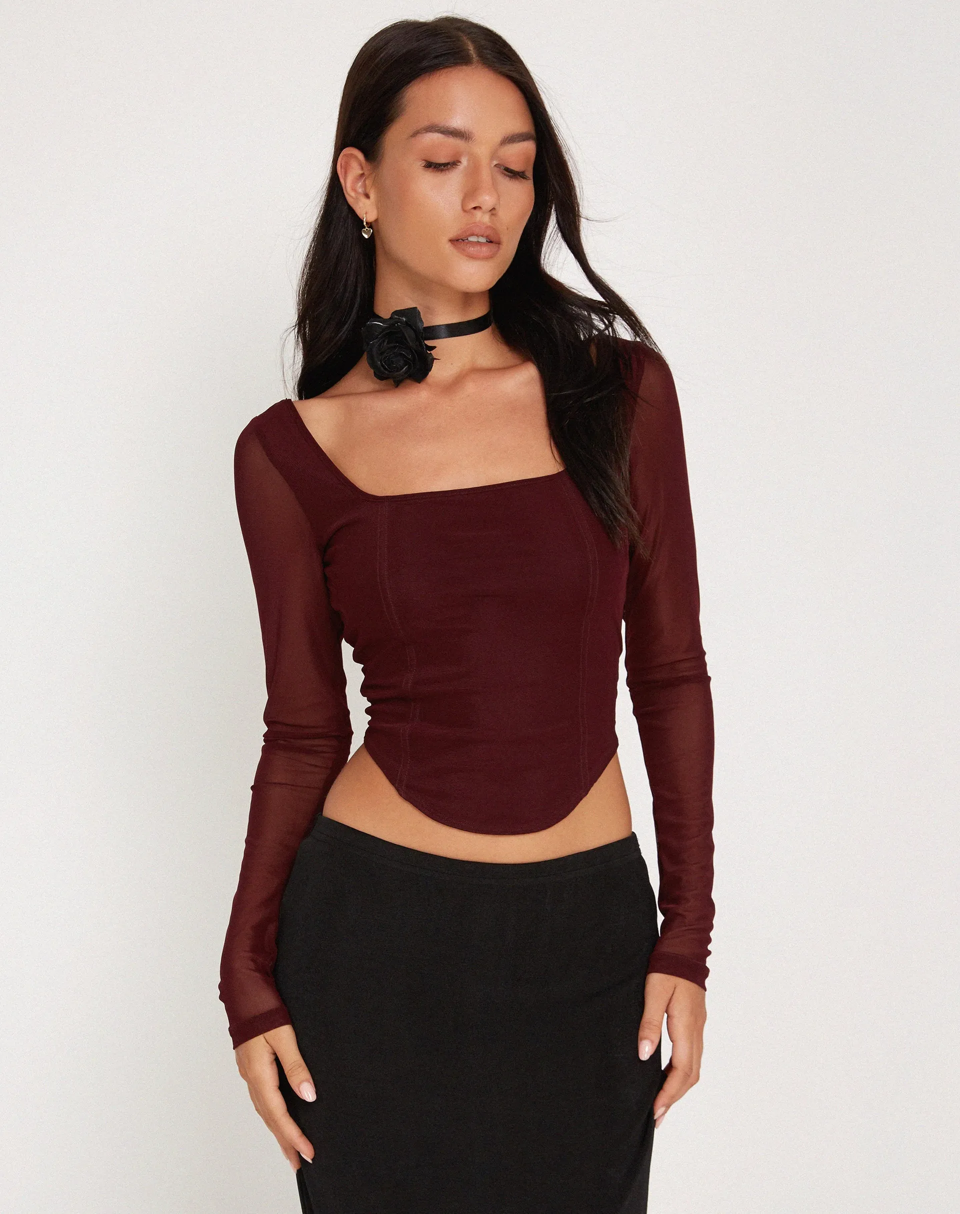 Helsiva Long Sleeve Crop Top in Mesh Burgundy