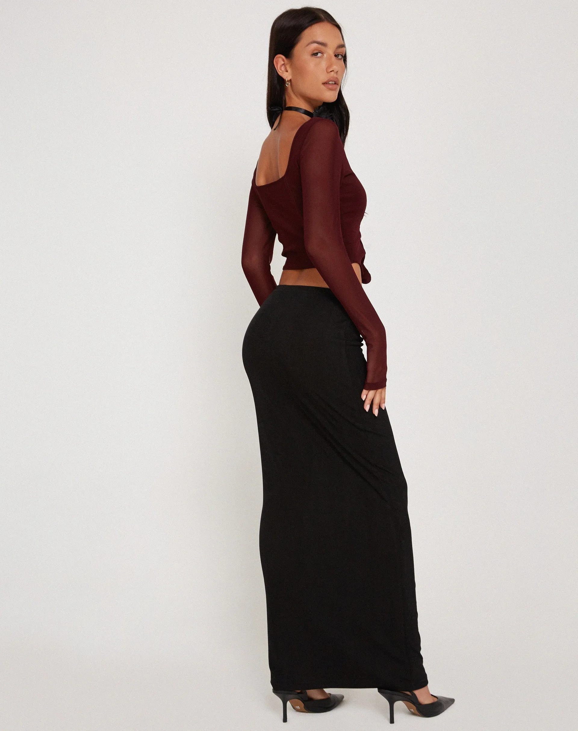 Helsiva Long Sleeve Crop Top in Mesh Burgundy